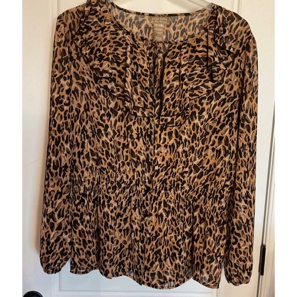 Miss Tina Tops - Miss Tina Animal Print Ruffled Long Sleeve Work/Party Semi Sheer Top Plus 2X